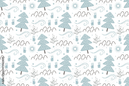 Cute seamless pattern. Christmas, winter holidays. Winter forest with gray trees, hares, rare plants and snowflakes. Flat vector design. For wallpapers, textiles, packaging, backgrounds or websites.