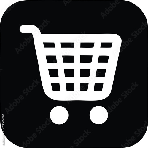 Iconic white shopping cart silhouette on a rounded square black background for online retail and e-commerce branding