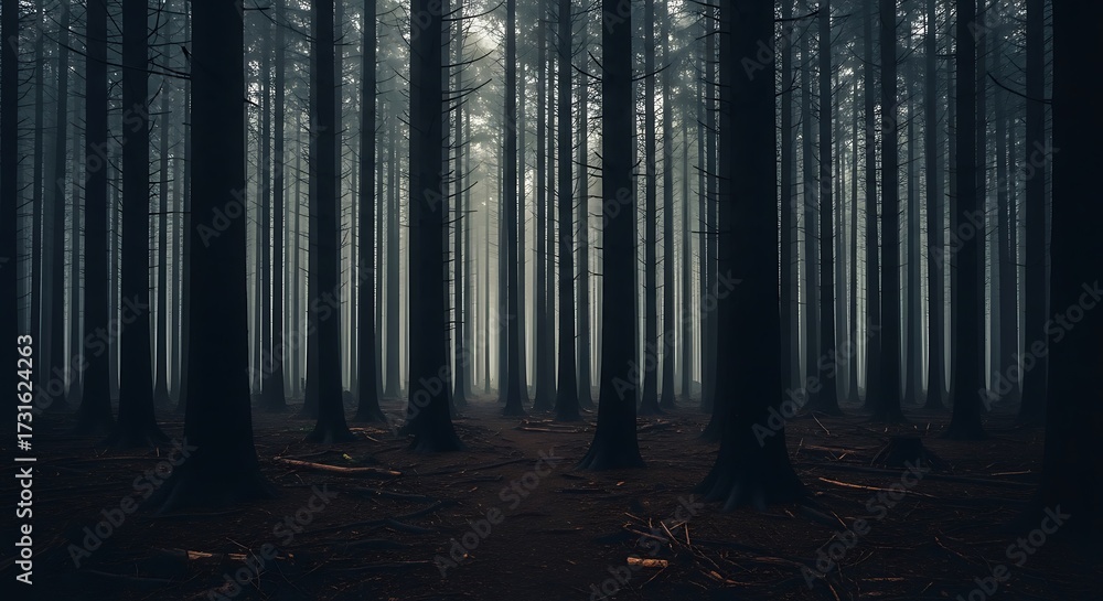Fototapeta premium Dense forest of tall trees with dark shadows and atmospheric lighting