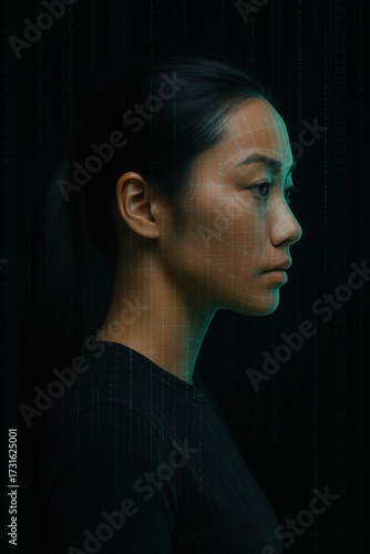 double exposure profile of a young asian woman with cascading code columns and facial grid, neon blue green glow on black, concept of machine vision, digital identity, culture tech