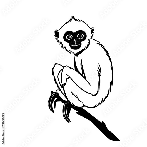 Gibbon. Gibbon simple black and white line art vector logo