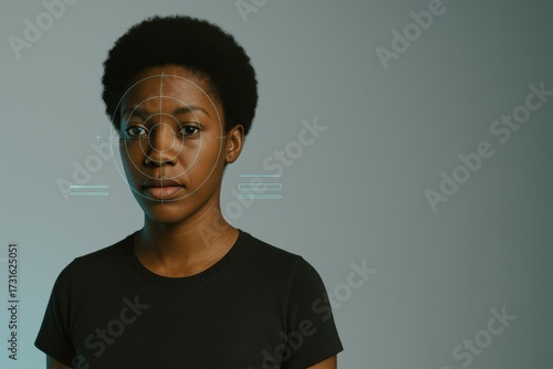 biometric face scan with transparent ui rings and progress bars over a young black woman, cool cyan glow in minimal studio, concept of identity verification, cybersecurity, fintech onboarding