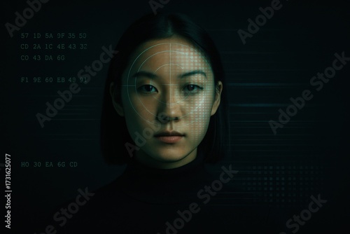 frontal portrait of a young asian woman gazing at camera with biometric grid and code overlay, neon blue green scan lines in dark studio, concept of ai platforms, tech media, cybersecurity