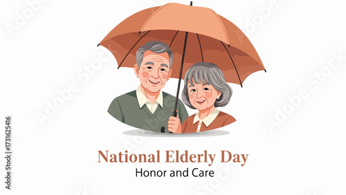 A heartwarming illustration of a smiling elderly couple sharing an umbrella, symbolizing protection, care, and companionship on National Elderly Day.