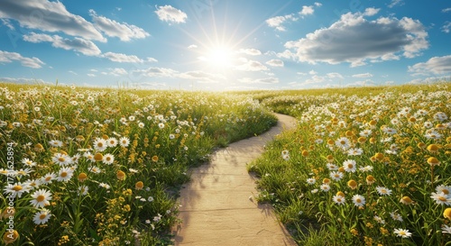 Scenic pathway winding through a vibrant wildflower meadow under a bright sunny sky nature landscape