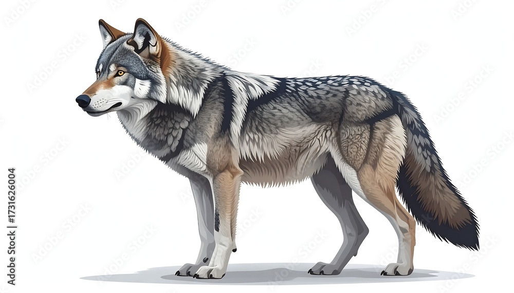 Fototapeta premium Detailed illustration of a gray wolf in profile view against a white background