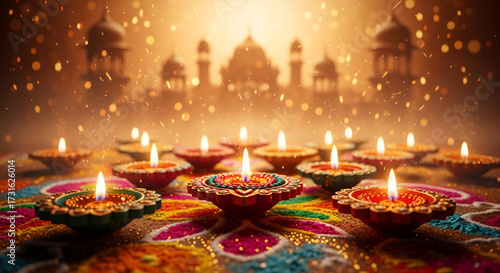 A Happy Diwali Background With Golden Diyas And Colorful Rangoli Designs Against A Temple Backdrop
