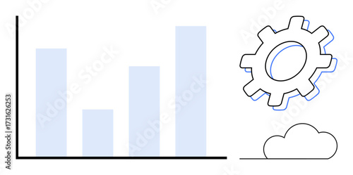Bar chart growing upwards, gear symbolizes process optimization, small cloud represents technology. Ideal for business analytics, progress tracking, innovation, teamwork, process management, cloud