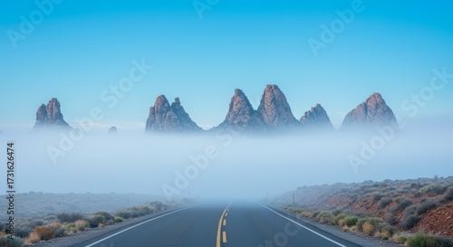 Scenic road landscape with majestic mountain range shrouded in atmospheric mist under a clear blue sky