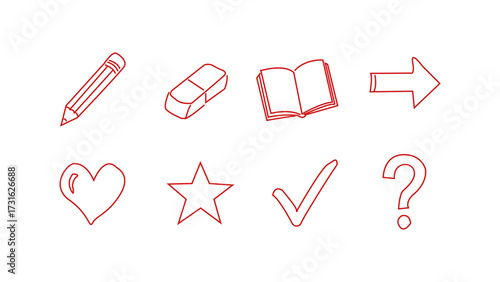 Hand drawn doodle icons of school and learning symbols on a white background