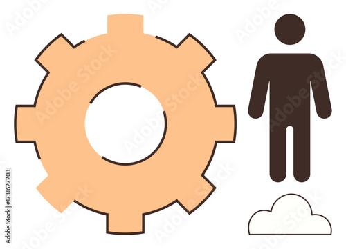 Large orange gear alongside a human figure standing on a cloud. Ideal for concepts of innovation, teamwork, progress, technology, problem-solving, engineering, leadership, simple flat metaphor