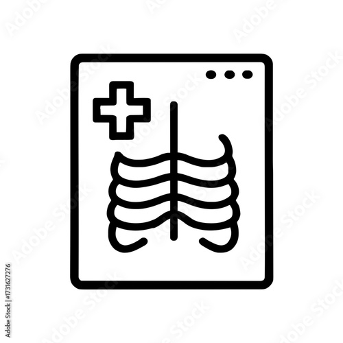 Black and white outline vector icon of medical X-ray scan showing ribcage and spine. Includes cross symbol and interface dots. Ideal for healthcare, diagnostics, UI, infographics, and education.
