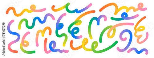 Gradient ribbon doodle vector set. Colorful swirl shapes and wavy line patterns for vibrant kid designs. Squiggly vector elements.