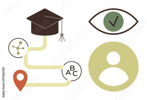 Graduation cap, path with markers, person icon, eye with checkmark. Ideal for education, learning, career planning, personal development goals tracking growth achievement. Simple flat metaphor