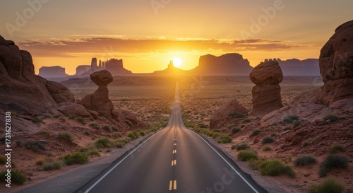 Scenic road leading towards sunset with distant mesas against a vibrant sky landscape view