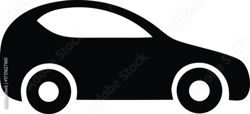 Sleek silhouette of a modern compact car icon in black with white wheels representing transportation and automotive concepts