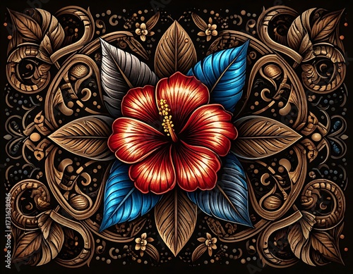 Ornate hibiscus flower design on a dark background
