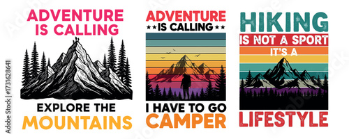 Mountain Adventure Hiking Retro Design, wild, hill, nature Explore travel vector typography of T-shirt design. travel outdoor finnd wild camping.