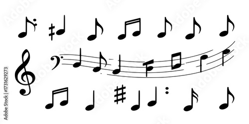 Set of musical notes. Black musical note icons. Music elements. Treble clef. Vector illustration.
