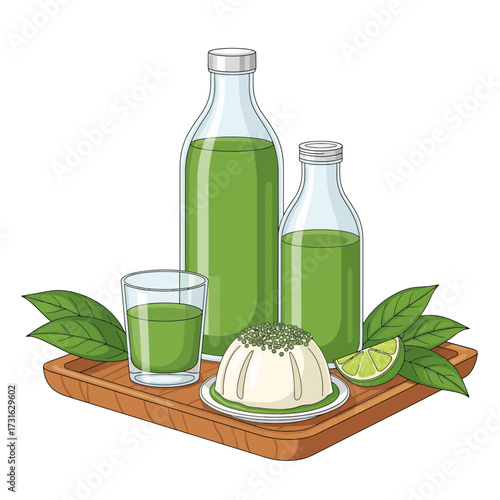 Refreshing green plant-based beverages and delightful creamy dessert, served with natural zest and leaves