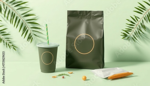 Elegant Green Packaging Display Featuring Drink Cup, Product Bag and a Tasty Dessert Treat