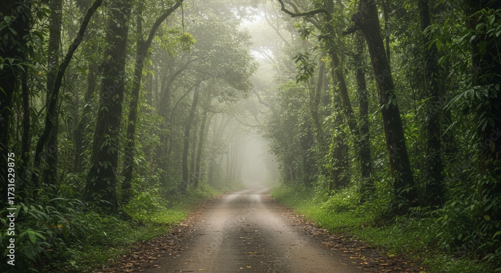 Obraz premium Misty road through lush green forest with tall trees and sunlight filtering through the canopy creating an atmospheric image