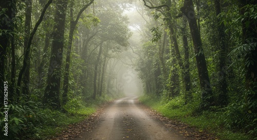 Misty road through lush green forest with tall trees and sunlight filtering through the canopy creating an atmospheric image