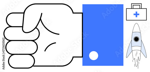 Fist symbolizing determination, health kit representing care, and rocket launch for innovation. Ideal for strength, leadership, progress, health, exploration teamwork future-focused design. Simple