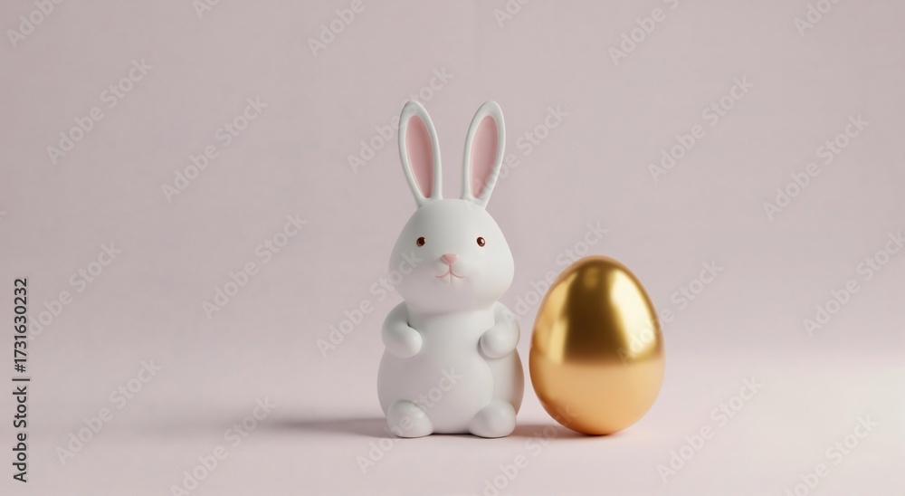 Obraz premium Cute white toy bunny standing beside a golden Easter egg. Minimalist holiday decoration for Easter celebration.