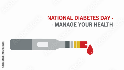 National Diabetes Day awareness graphic featuring a blood glucose test strip with a drop of blood, promoting health management.