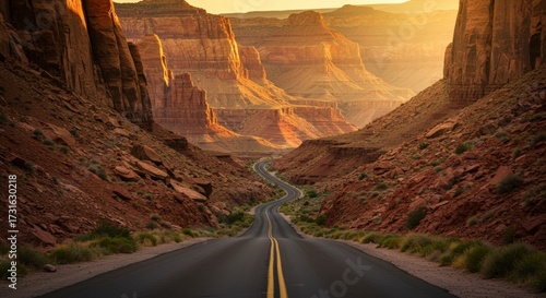 Scenic road winding through a dramatic canyon landscape under warm sunlight perfect for travel concepts