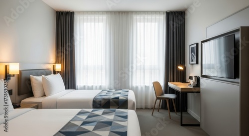 Wallpaper Mural Modern hotel room with two beds desk and television for comfortable stay Torontodigital.ca