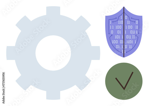 Gear representing processes, shield with binary code for digital security, green checkmark for successful validation. Ideal for cybersecurity, system integration, process optimization, safety, data