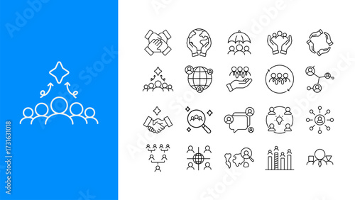 People and community line icons. Containing teamwork, population, diversity, social connection, support, collaboration, networking, and human resources. Outline vector illustration.