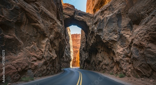 Scenic road winds through a stone archway under bright sunlight creating a natural passage outdoors