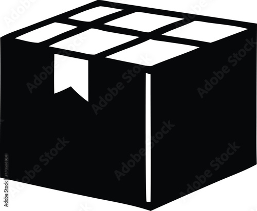 Simple black and white icon of a cardboard shipping box sealed with tape for delivery and storage