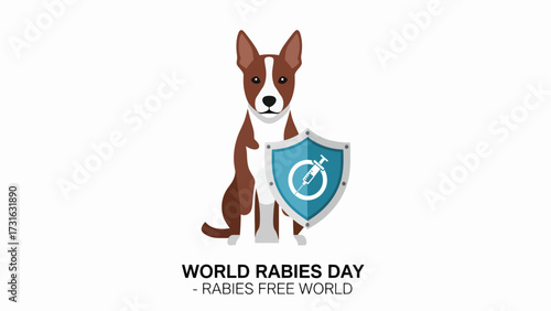 A brown and white dog sits protectively beside a shield featuring a syringe, symbolizing protection against rabies for World Rabies Day.