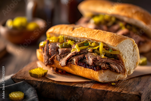 Ultra Detailed Editorial Photograph of a Delicious Chicago Style Sandwich with Pickles and Peppers