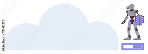 Futuristic robot holding shield stands beside a cloud, symbolizing secure cloud storage and data protection. Ideal for security, technology, cloud computing, data safety, AI, digital privacy, simple