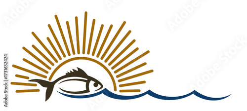 The symbol of fish with blue wave and sunrise.
