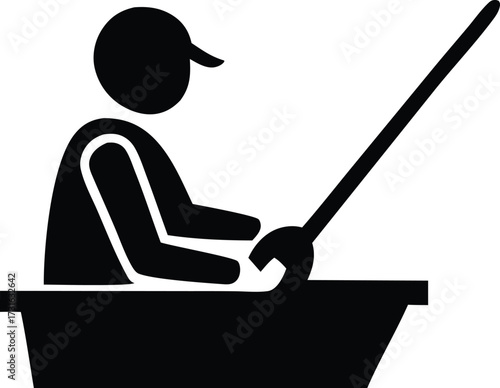 Fisherman icon silhouette sitting in boat with fishing rod enjoying outdoor recreation and hobby activity