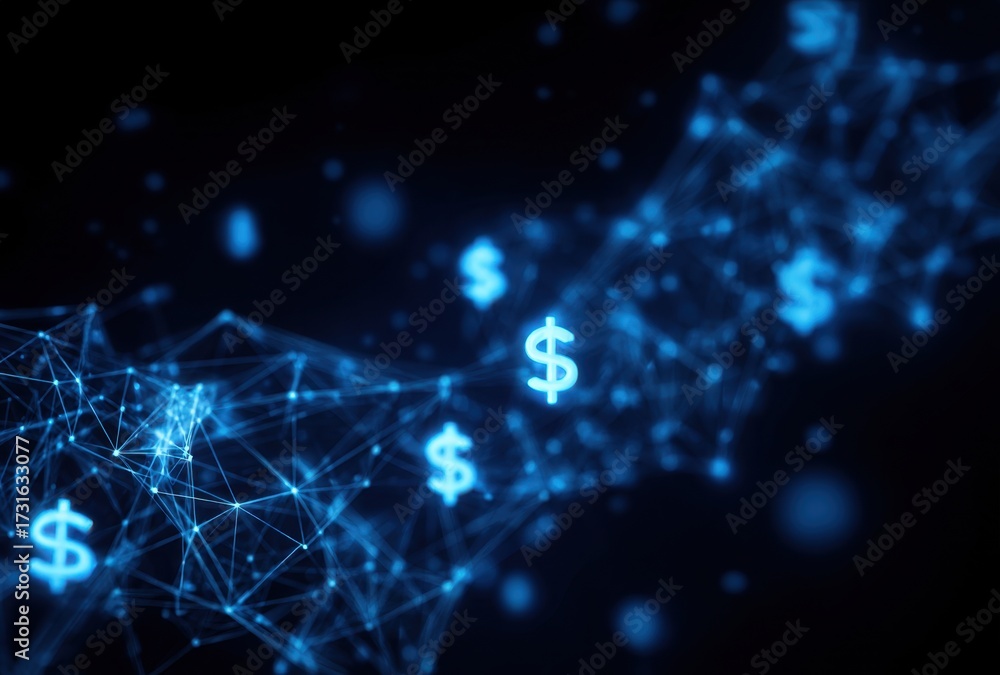 Fototapeta premium Digital Network with Dollar Signs and Connecting Lines Representing Financial Technology
