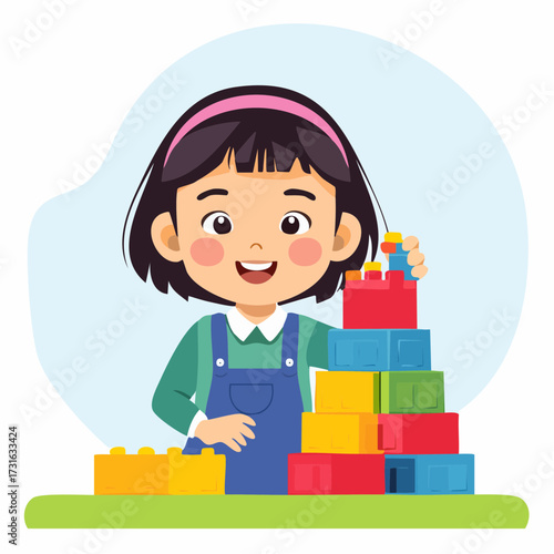 A young girl with a pink headband is happily building a colorful tower of interlocking plastic blocks.