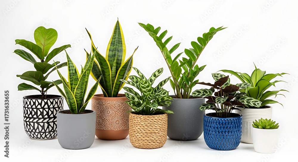 Fototapeta premium Assortment of potted houseplants displayed against a white backdrop