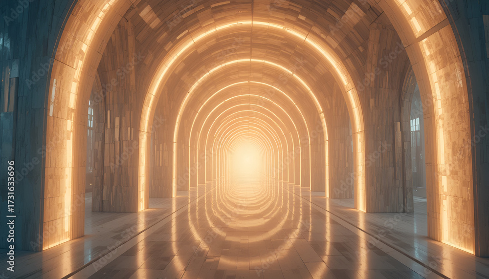 Fototapeta premium An illuminated tunnel with golden lights creating a path to the unknown