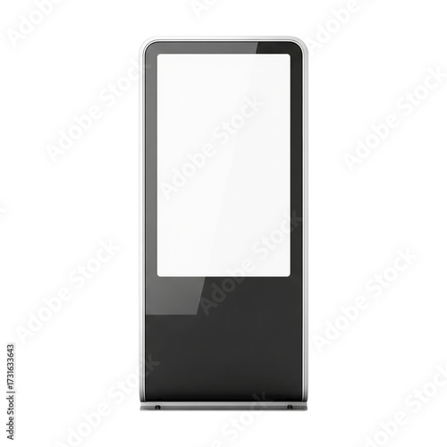 Sleek free-standing digital kiosk mockup with a blank vertical white screen for custom advertising, isolated on a clean background