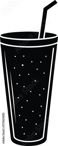 Black and white illustration of a glass of soda with a straw