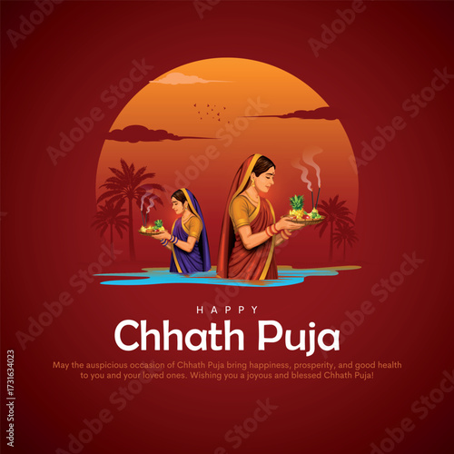 Happy Chhath Puja holiday background celebrating traditional festival of India. Creative vector illustration.
