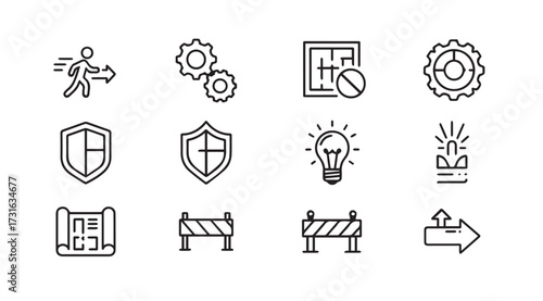 Collection of business and security concept icons in a hand drawn silhouette style