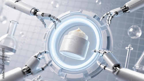 Robotic Hands Surrounding Holographic Interface in Skincare Lab, empty space, display circle,AI beauty technology, futuristic skincare research, medical lab robots, white and silver